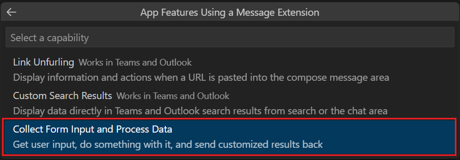 Screenshot shows the Create a new Teams app VS Code command palette to list Teams action-based message extension sample option.