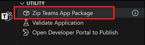 Screenshot shows the Zip Teams App Package option in Teams Toolkit extension for Visual Studio Code.