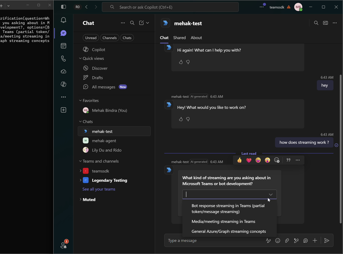 Screenshot of a clarification Adaptive Card in a Teams chat, asking the user to pick between candidate interpretations of an ambiguous question.