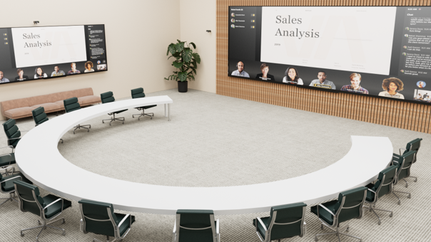 Rendering of a 3D discussion executive boardroom configuration with a semi-circle table.