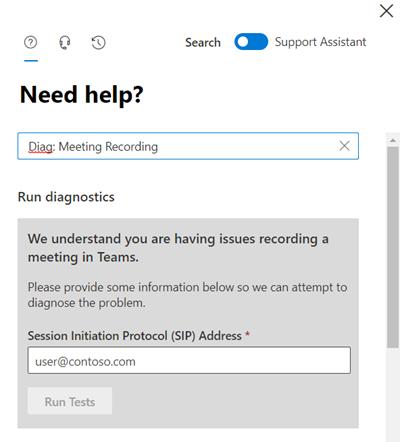 Screenshot of starting the Meeting Recording Support Diagnostic from Need help panel.