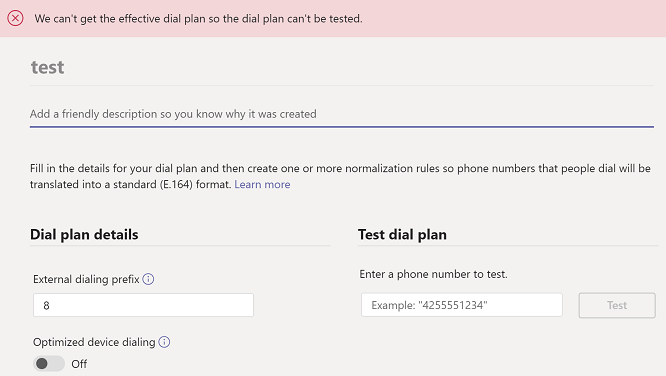 Screenshot that shows the error when accessing a dial plan.