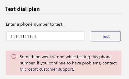 Screenshot that shows the error when trying to test a phone number.