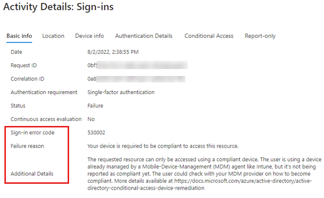 Screenshot of the Basic info page of the sign-in activity details.