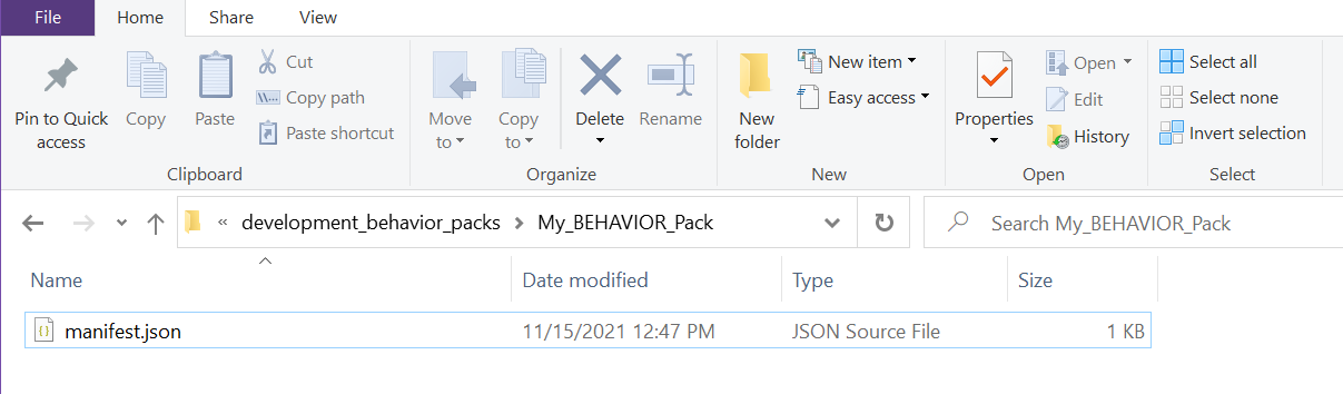 Image of the manifest.json file located within the My_BEHAVIOR_Pack folder