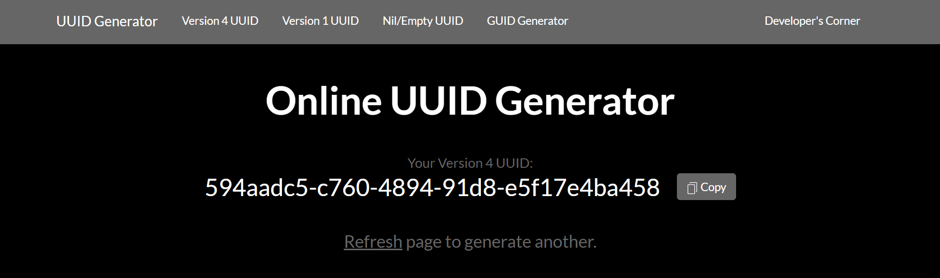 תמונה של מסך הבית של uuidgenerator.net עם נוצר UUID מותאם אישית