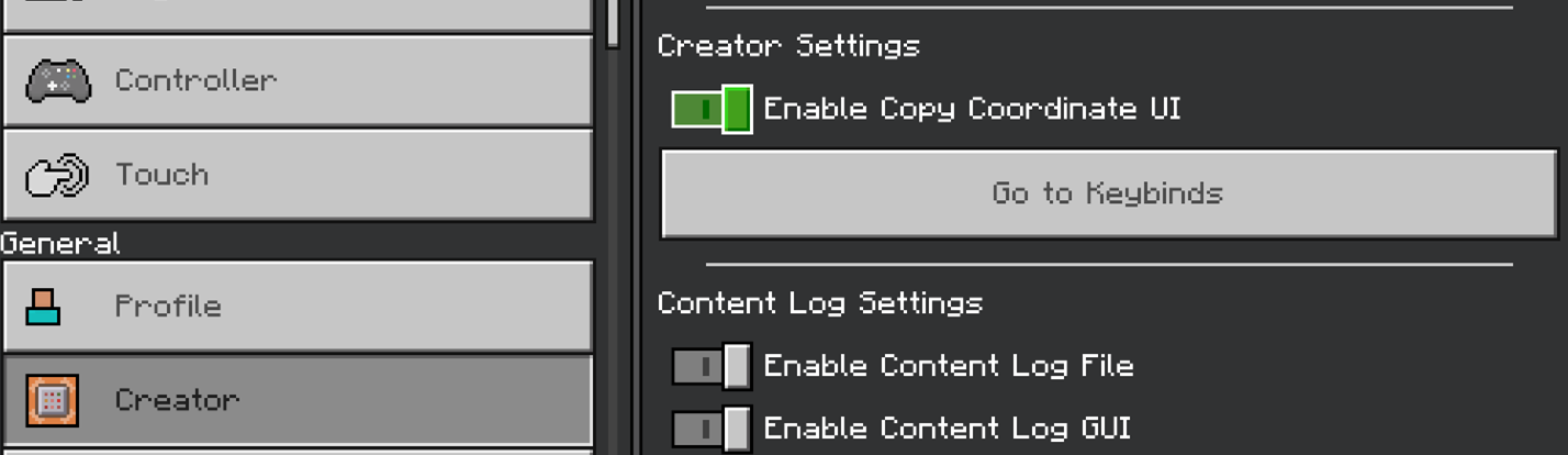 Image of the Creator tab of the Settings screen with Enable Copy Coordinate UI active