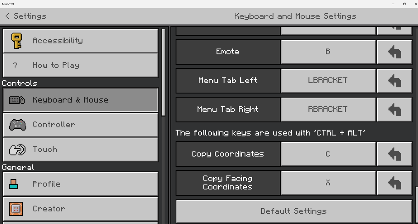 Image of the Keyboard and Mouse tab of the Settings screen where keybindings can be changed
