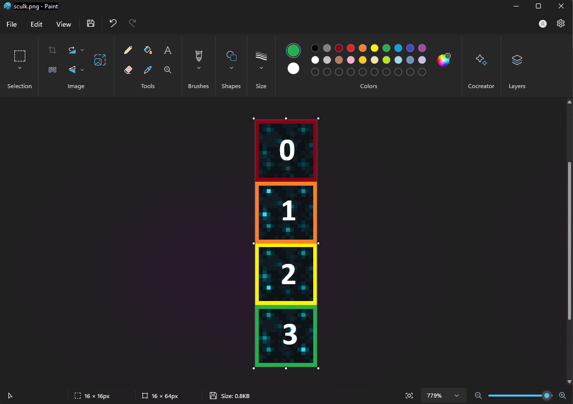 Image of sculk graphics with four 16- by 16-pixel frame labeled 0 through 3, going top to bottom