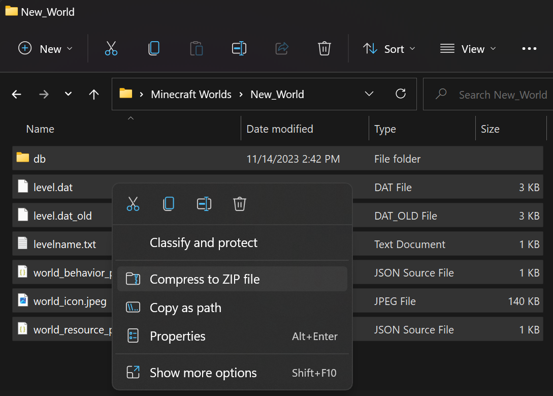 Image of the New_World folder with files selected and right-click context menu displayed; Compress to ZIP file option is selected.