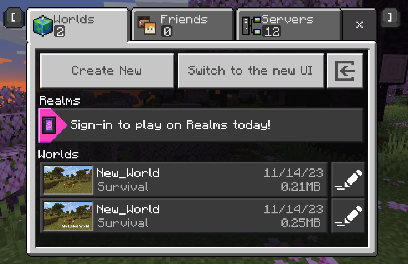 Image of Minecraft with the Worlds tab displayed. The original and edited worlds named New_World are displayed.