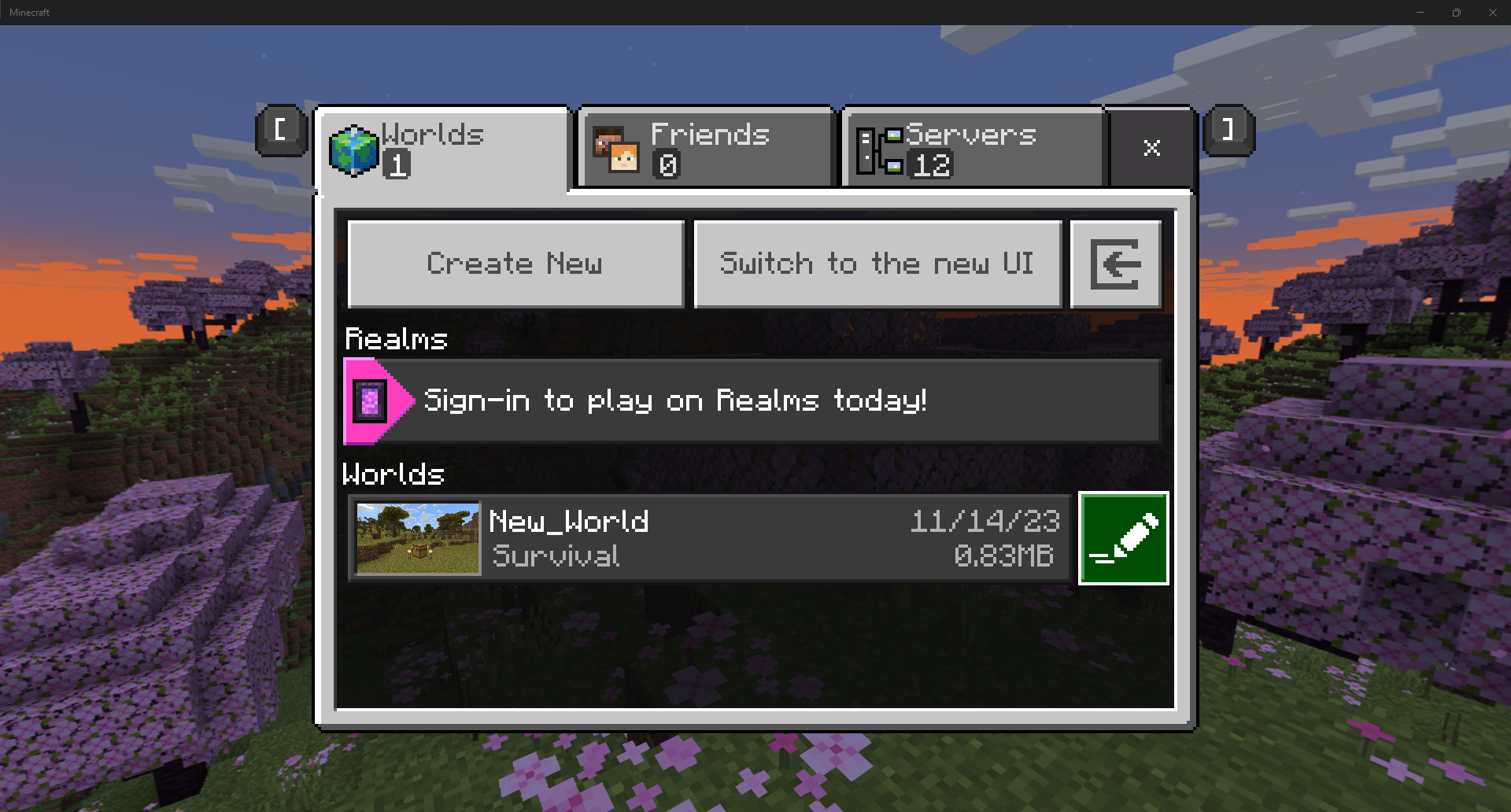 Minecraft UI with list of worlds displayed. New_World is the only one on the list.