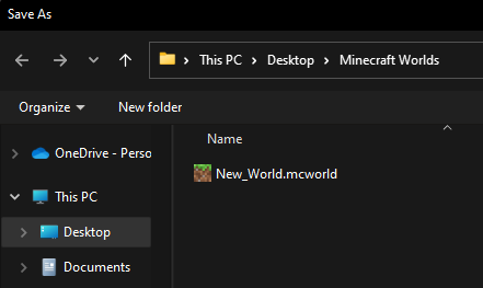 Windows Save As dialog window showing that the .mcworld file will be saved to the Desktop, inside a Minbecraft World folder.