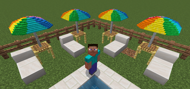 A screenshot of multiple beach chairs and giant umbrellas in Minecraft: Bedrock Edition.