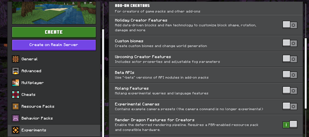 Image of the Settings screen, Experiments tab, Render Dragon Features for Creators toggle is on