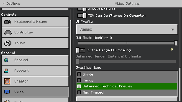 Image showing Video settings, Graphics mode, Deferred technical preview checkbox