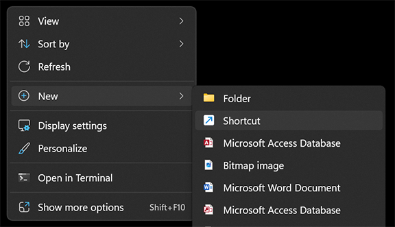 Windows new shortcut creation