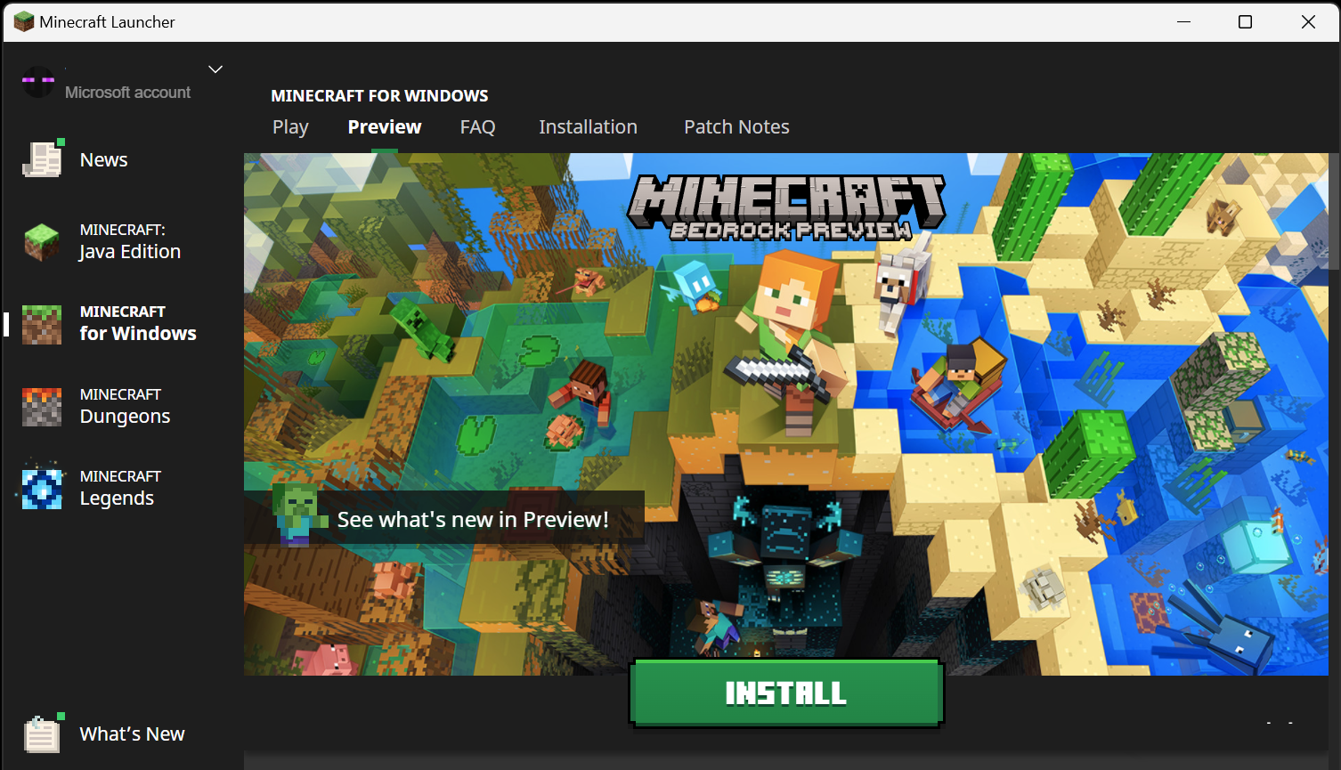 Image of Minecraft Launcher with Minecraft Preview tab displayed