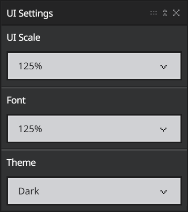 Editor User Interface appearance settings showing UI scale, font, and theme drop-down menus
