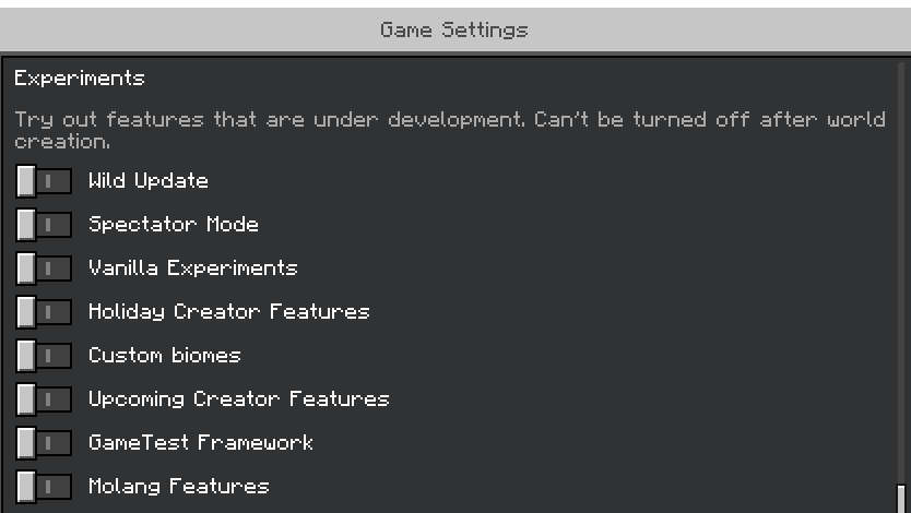 Image showcasing 4 toggles for experimental features available in Minecraft