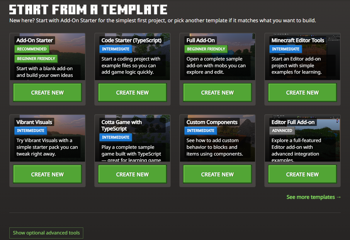 Image of the project templates in mctools.dev