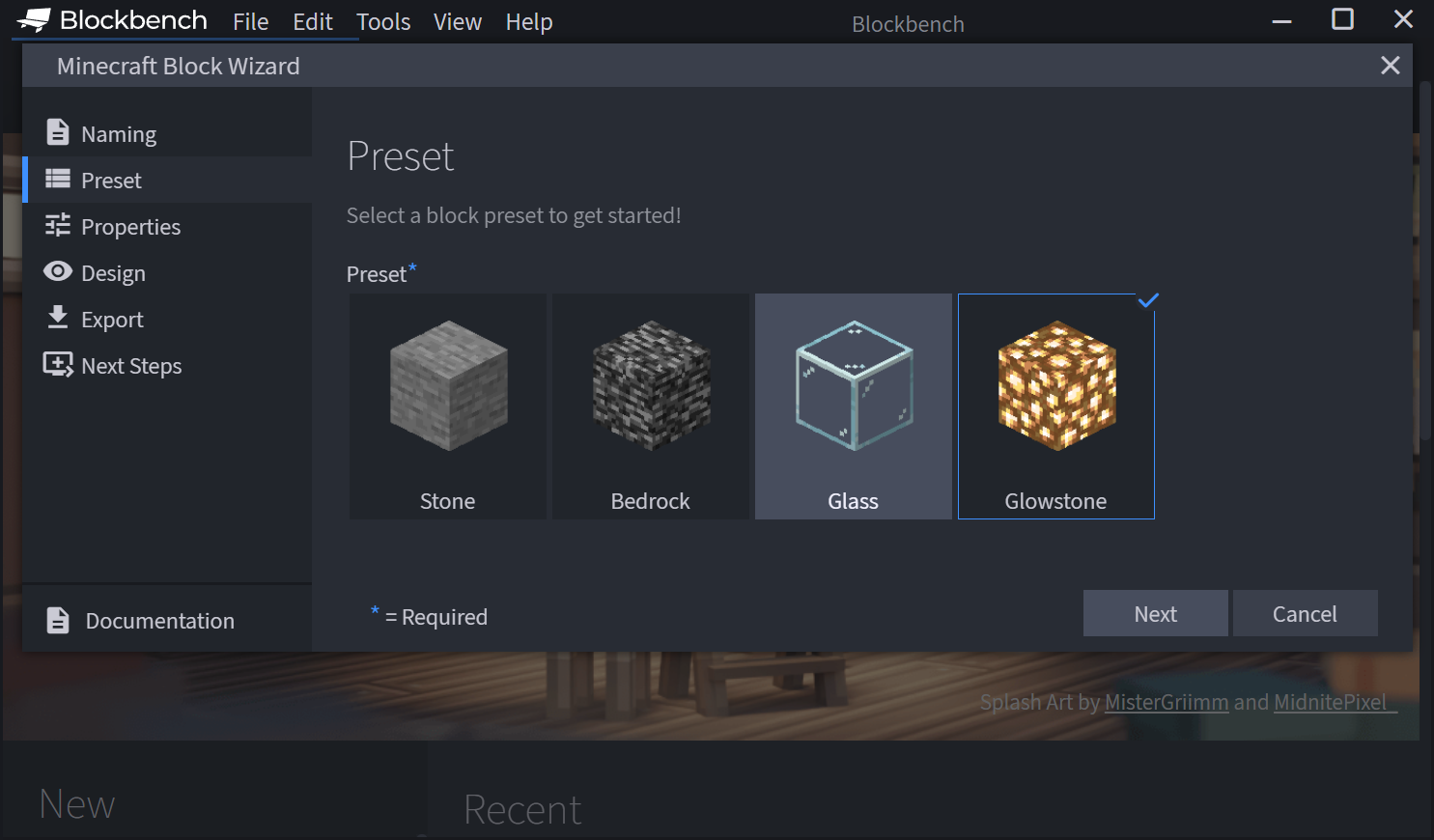 Minecraft Block Wizard showing where Creators can choose a preset block to as a starting point for their block.