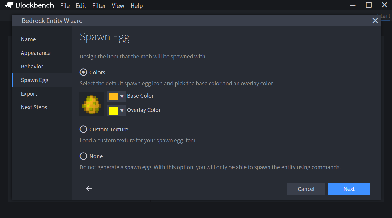 Minecraft Entity Wizard showcasing the spawn egg tab
