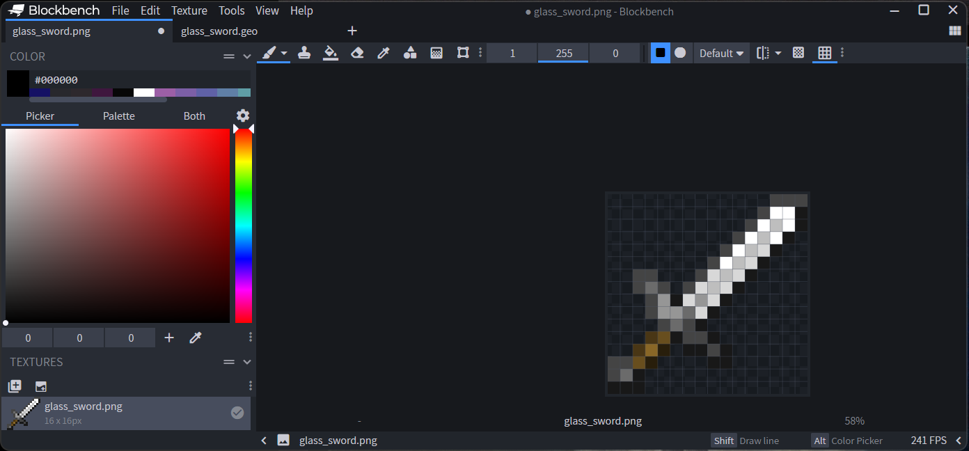 Image of an iron sword icon file in Blockbench.