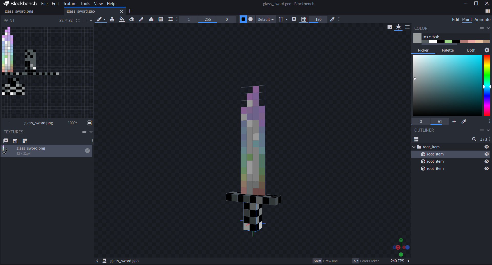 Image of a sword model edited to look like a rainbow prism.