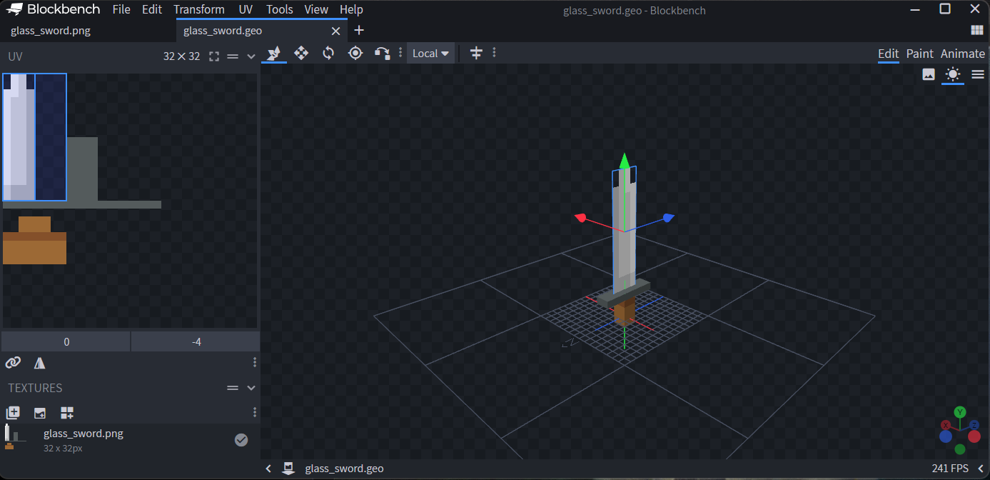 Image of an iron sword model file in Blockbench.