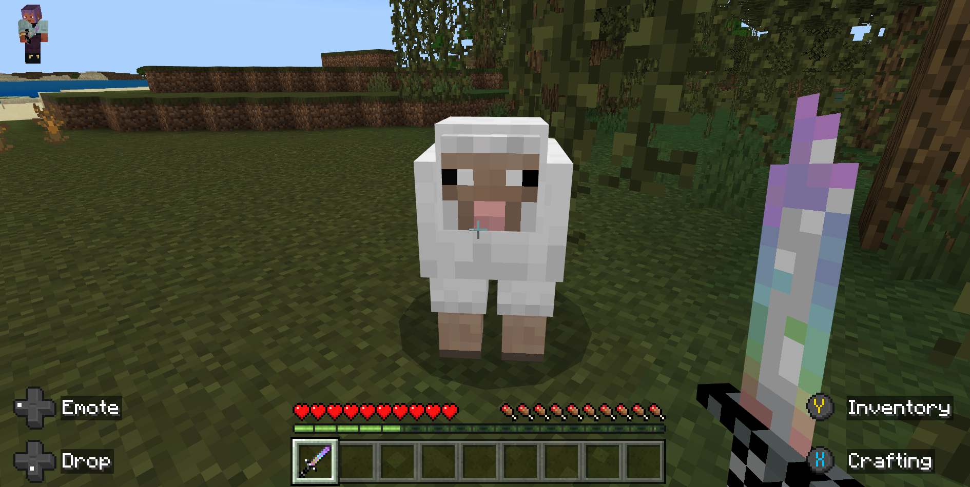 Image if a Minecraft world with the player holding a glass sword and in front of a sheep.
