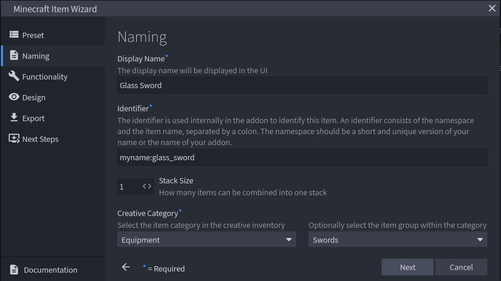 Naming screen in Blockbench showing the Display Name, Identifier, Stack Size, and Creative Category fields.