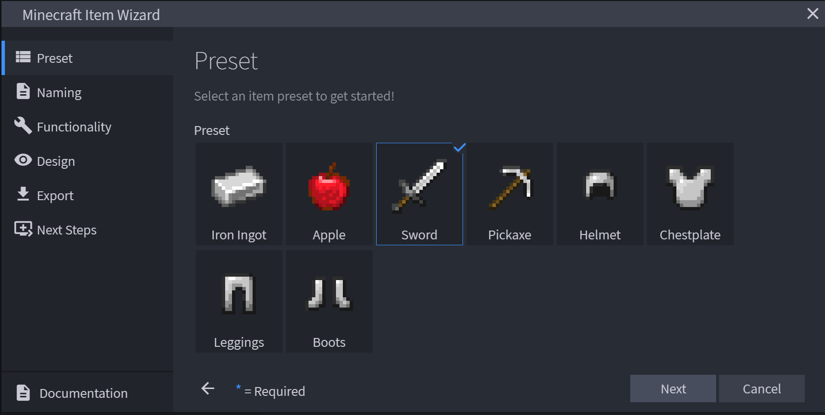 Blockbench screen showing the current preset item options: Iron Ingot, Apple, Sword, Pickaxe, Helmet, Chestplate, Leggins, and Boots.