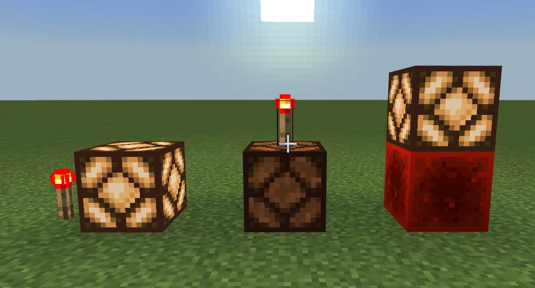 Image of lamps being powered by a torch next to it, not being powered by a torch placed on it, and being powered by being placed on a redstone block.