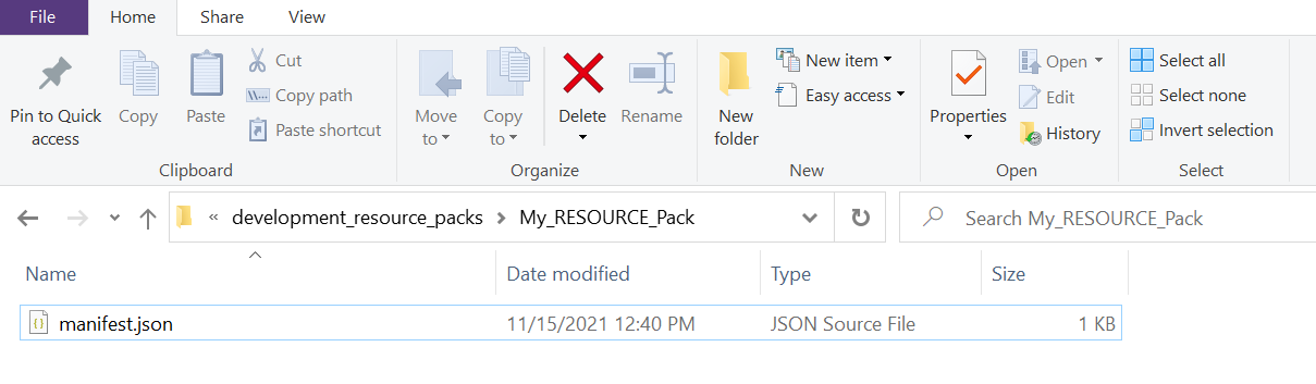 Изображение на новосъздаден файл с име Manifest.json файл, разположен в папката my_resource_pack
