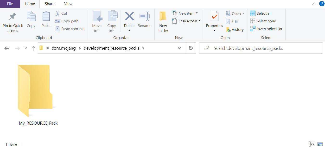 image of newly created folder with a single Folder called My_RESOURCE_Pack located in the development resource packs folder