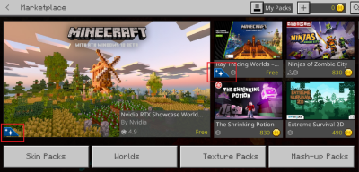 The Minecraft marketplace where an RTX world is enabled