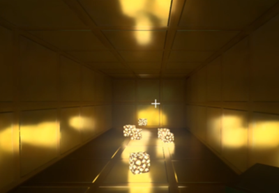 A tunnel made of gold blocks and how a single source of emitting light reflects upon the surface