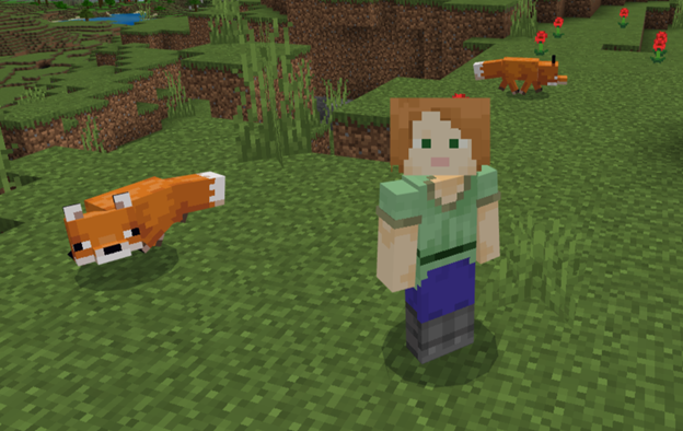Image of Minecraft character Alex with a fox.
