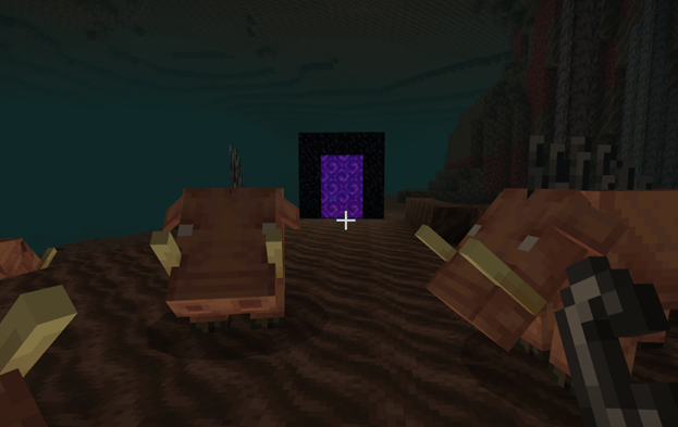 Image of hoglins on soul sand in the Nether with a Nether portal in the background.