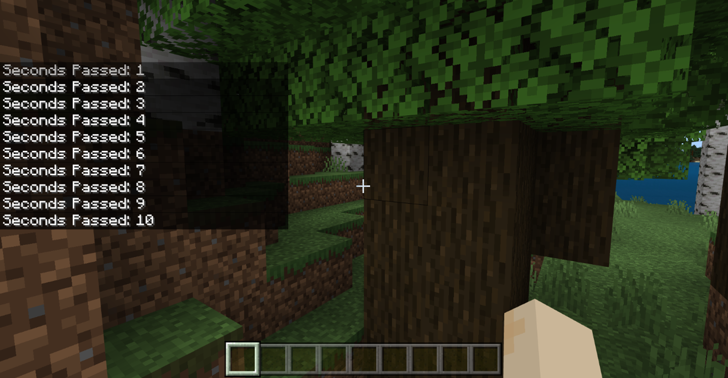 Image showing a Minecraft world with messages saying "Seconds Passed: 1". "Seconds Passed: 2" and so on until "Seconds Passed: 10"