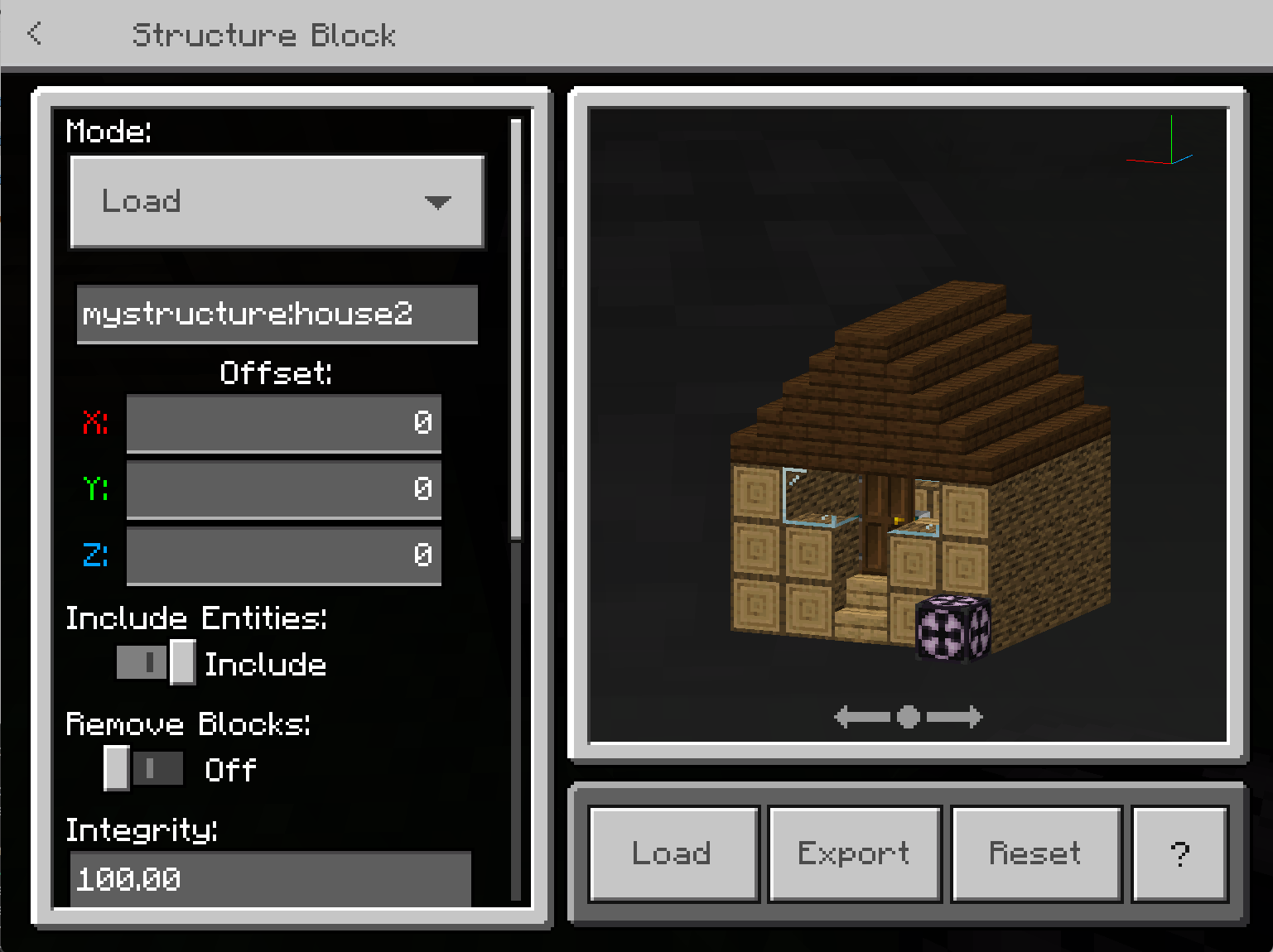 The structure block load screen with a log cabin