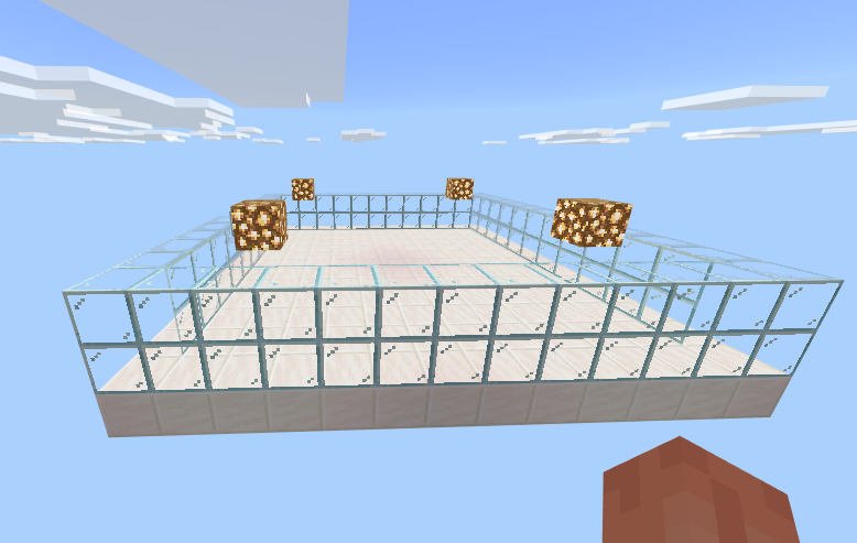 The Sky Lounge custom dimension showing a quartz platform with glass rails and glowstone corner lights suspended in the sky.