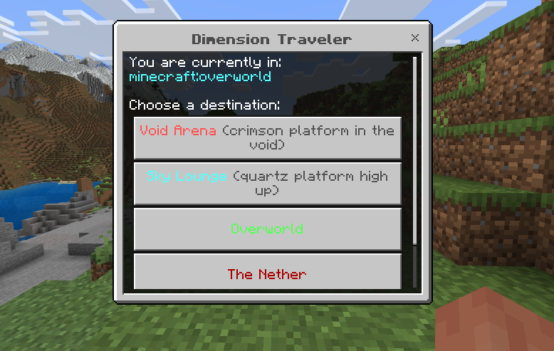 The Dimension Traveler form showing the current dimension and buttons for Void Arena, Sky Lounge, Overworld, and The Nether.