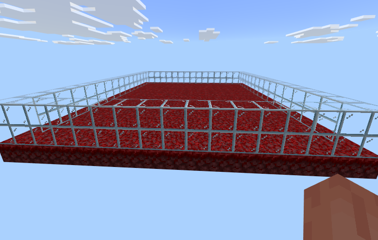 The Void Arena custom dimension showing a crimson nylium platform with glass rails suspended in the void.