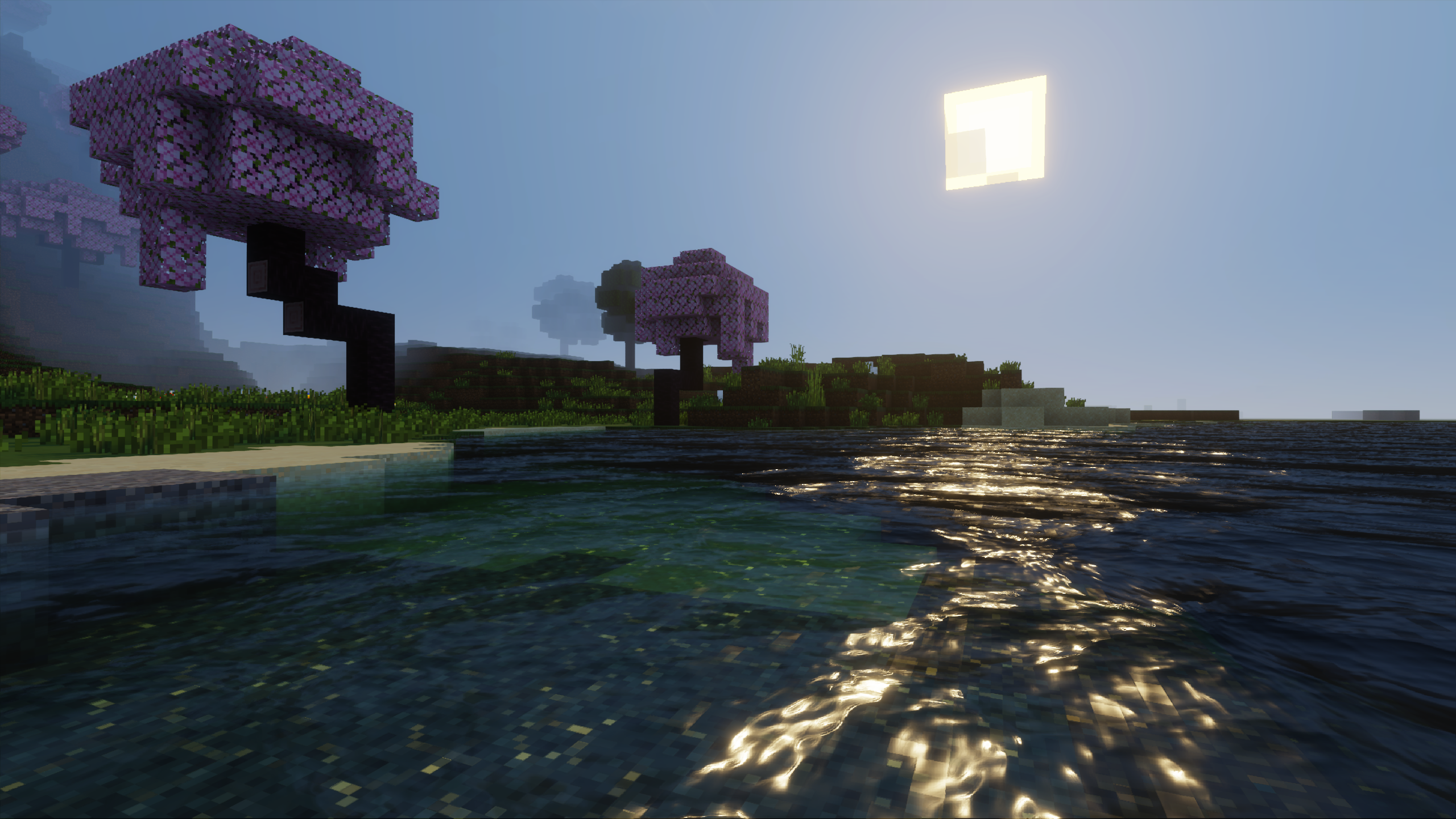In-game screenshot showing a shoreline near a cherry grove biome at sunrise in Minecraft with realistic water.
