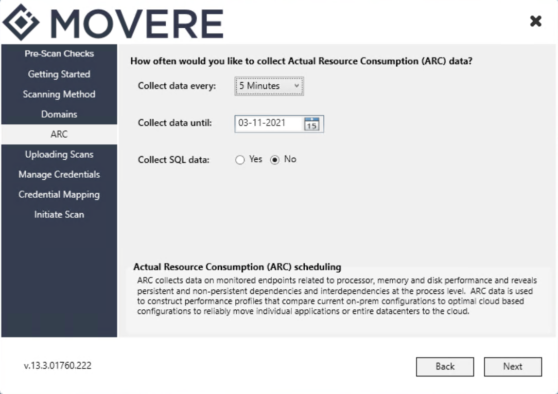 Page showing consumption scan settings