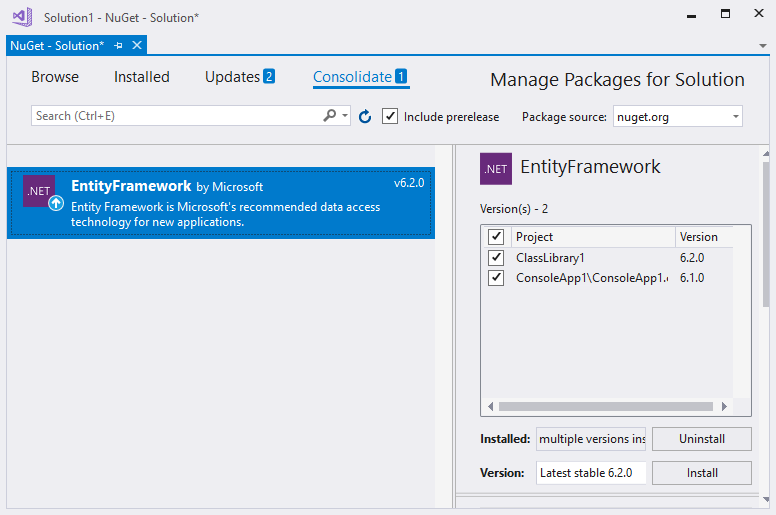 Screenshot showing the Manage Packages for Solution window with the Consolidate tab selected.