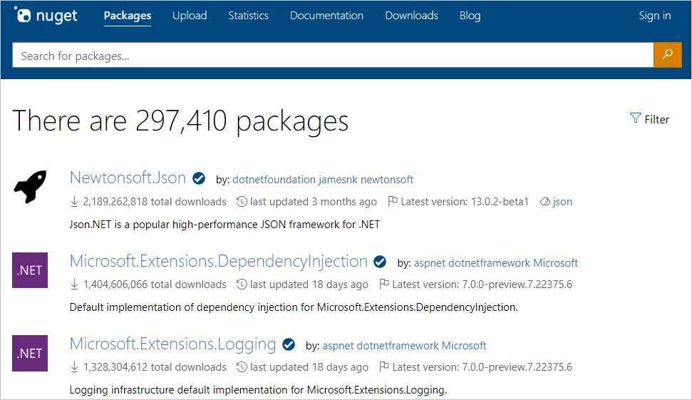 Screenshot that shows the default view of nuget.org/packages with the most popular packages at the top.