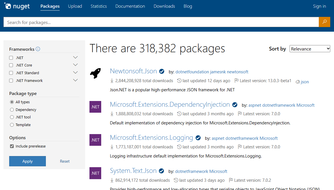 Screenshot that shows the default view of nuget.org/packages with the most popular packages at the top.